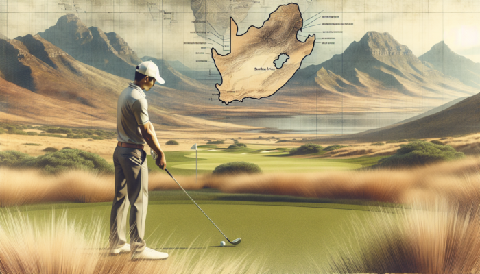 Tips for a Consistent Golf Swing: Golfer adjusting stance on South African fairway with undulating terrain and diverse grass types, iconic courses in background.