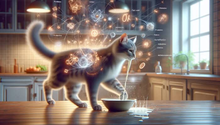 A healthy adult cat with sleek fur laps milk from a bowl, surrounded by glowing protein, calcium symbols, and floating vitamin particles in a cozy kitchen.