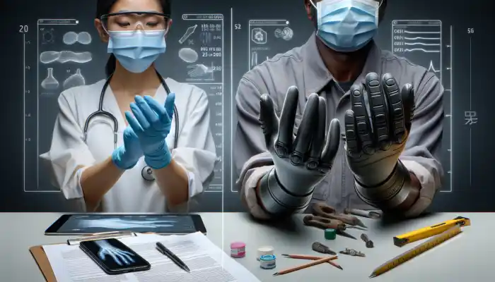 Close-up of specialized latex gauntlet gloves: one on a healthcare worker for biohazard protection in a lab, another on a construction worker for cut resistance, adhering to UK regulations.