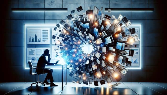 Stressed person at a modern desk merges scattered bills and loans into one envelope, with glowing charts showing reduced debt and financial freedom.