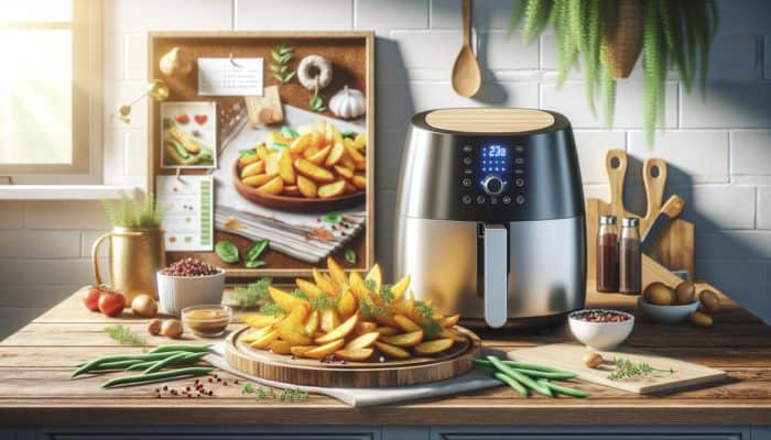 Golden air-fried potato wedges and crispy green beans on a rustic platter, garnished with herbs, beside an air fryer in a sunny kitchen.