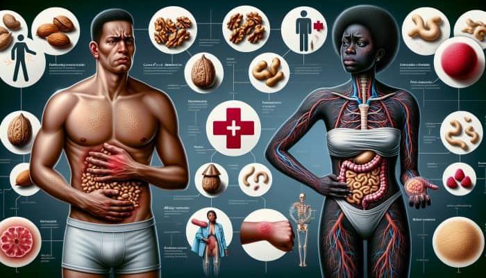 Infographic contrasting nut intolerance and allergy: left shows mild discomfort from nuts, right shows severe swelling and hives with labels and symbols.