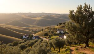 A picturesque landscape along Portugal’s Alentejo Olive Route: rolling green hills adorned with olive trees and white houses with red roofs beneath a clear sunset sky. Soft sunlight casts long shadows, while distant hills fade into the horizon.