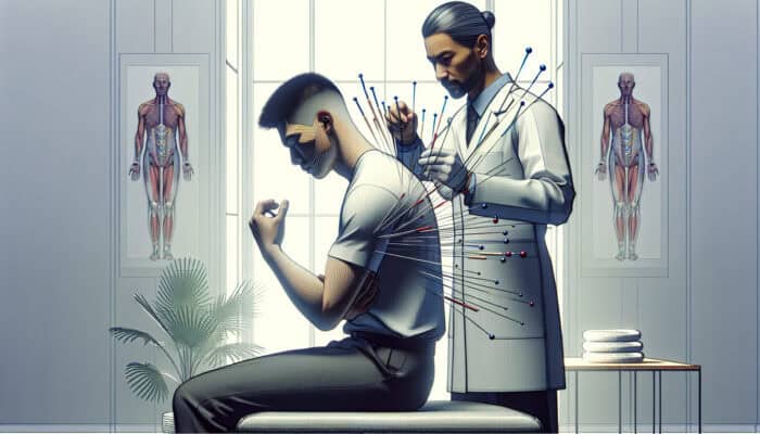 A physiotherapist performs dry needling on a patient in a modern UK clinic, while an acupuncturist treats another for holistic wellness.