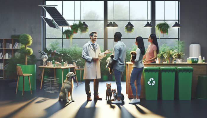 A veterinarian in an eco-friendly clinic with plants, solar panels, and recycling bins discusses sustainable pet care with owners and pets.