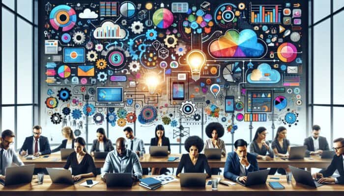 A team of professionals in a digital workspace analysing graphs, editing images on laptops, surrounded by tools and infographics.