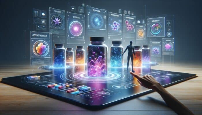 Digital interface featuring vibrant supplement bottles and engaging text, showing a user scrolling in a modern layout.