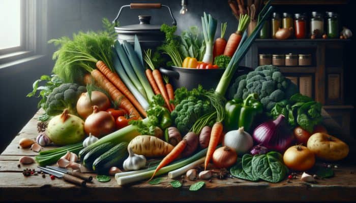 A vibrant arrangement of fresh vegetables like carrots, celery, onions, and greens on a rustic table with a steaming soup pot.