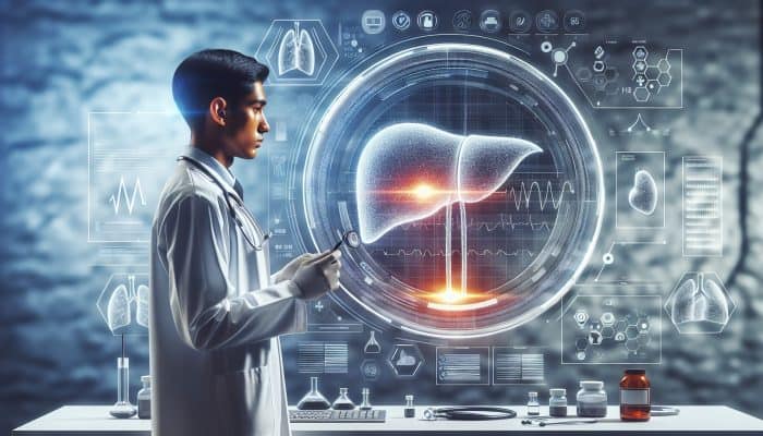 UK doctor in a modern lab analysing liver blood test results on a digital screen, with a glowing healthy liver and surrounding charts.