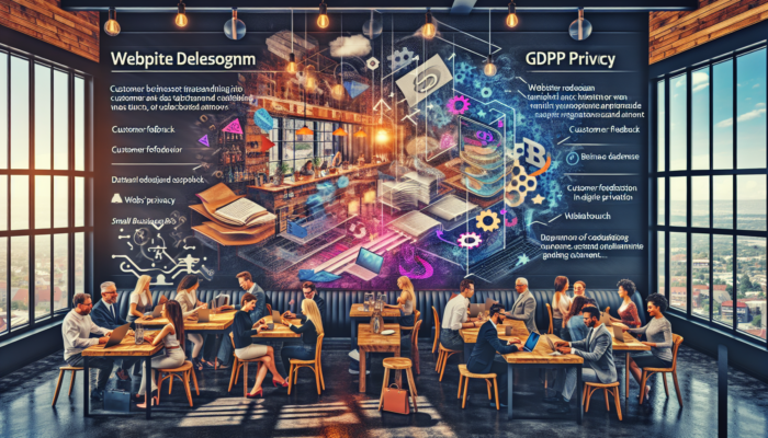 In a cosy Cinderford café, business owners and customers review website redesign sketches on laptops alongside feedback surveys, graphs, and GDPR icons.