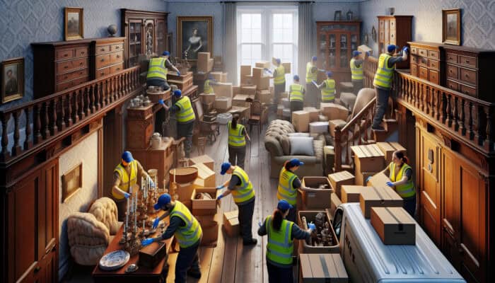 Professionals in high-visibility vests sorting antiques and furniture in a cluttered Victorian living room, diligently packing boxes into a van under overcast skies.