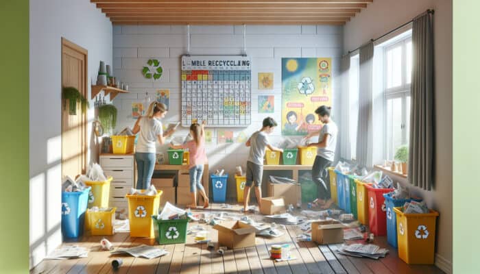 A family sorting newspapers and boxes into colourful recycling bins, checking a calendar for collection day amidst sunlight and eco-friendly posters.