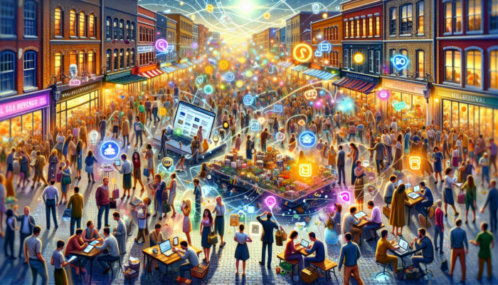 Lively Ferndown street market: e-commerce owners use tablets for social media, laptops for newsletters, optimize SEO, and collaborate with local influencers.