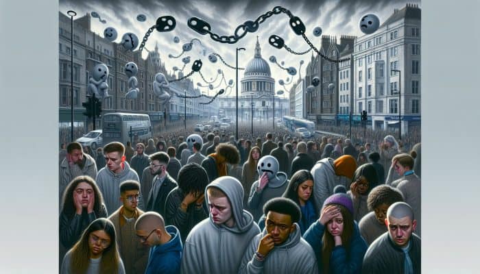 Mental Health and Community Support: Bustling London street under gray skies: diverse young adults with anxious expressions, some holding chains; overlaid graphs show rising UK mental health statistics.