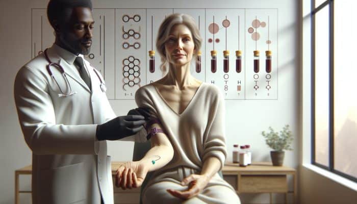Menopause Blood Test in Halesowen: A middle-aged woman in a clinic extends her arm for a blood draw, as a doctor holds vials labelled FSH and oestradiol, with hormone graphs on the wall.