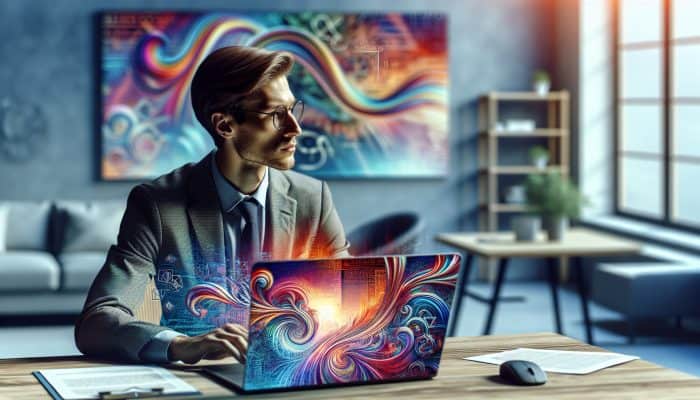 A professional analyses debt consolidation loan costs on a laptop, viewing colourful graphs of interest rates in a modern home office.