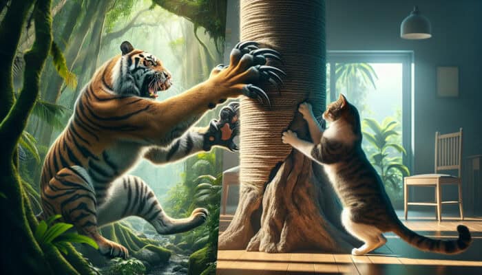 A wild tiger scratches a massive jungle tree to mark its territory, while a domestic cat claws a sisal post at home, showcasing feline evolutionary instincts.
