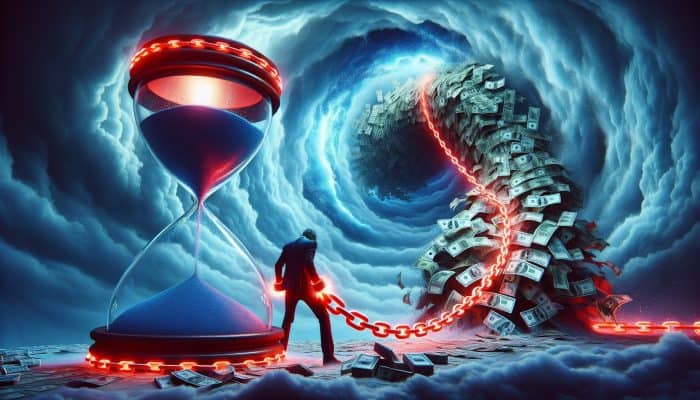 Debt Consolidation Loans or Bankruptcy: Pros and Cons | DCL A borrower trapped in glowing red debt chains, with an oversized hourglass spilling sand into a swirling currency vortex under a stormy sky.