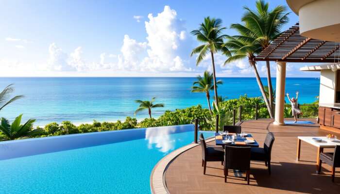 Luxurious beachfront property in Belize featuring an infinity pool, modern fitness centre, wellness spa, elegant dining area offering farm-to-table cuisine, and guests practising yoga on a deck with ocean views amidst lush tropical gardens.