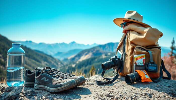 Outdoor gear essentials including a refillable water bottle, comfortable hiking shoes, a wide-brimmed hat, sunglasses, a light jacket, snacks, and a camera, set against a scenic mountain backdrop.