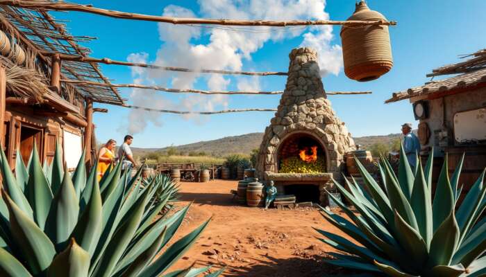 Traditional mezcal distillery in the Mexican countryside with agave plants, a stone oven roasting agave hearts, artisans in traditional clothing, and rustic wooden barrels under a clear blue sky.