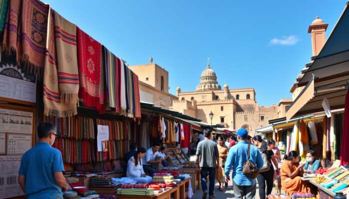 A lively market filled with local artisans showcasing traditional crafts and vibrant textiles, with people engaging in cultural activities set against a backdrop of historic architecture under a clear blue sky.