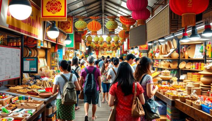 Diverse group of tourists interacting with local artisans in a vibrant market filled with traditional crafts, cultural performances, and authentic cuisine under colourful heritage decorations.