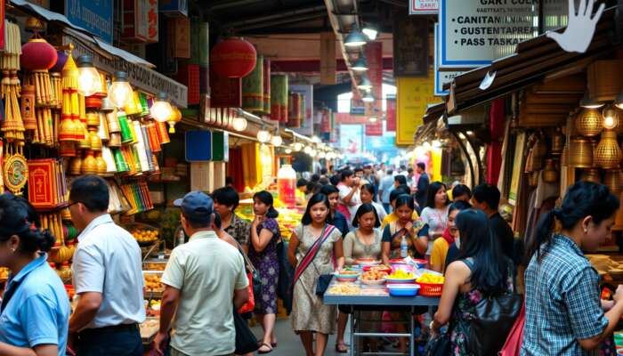 A vibrant street market bustling with locals and tourists, featuring colourful crafts, traditional foods, and cultural performances, highlighting active engagement and interaction.