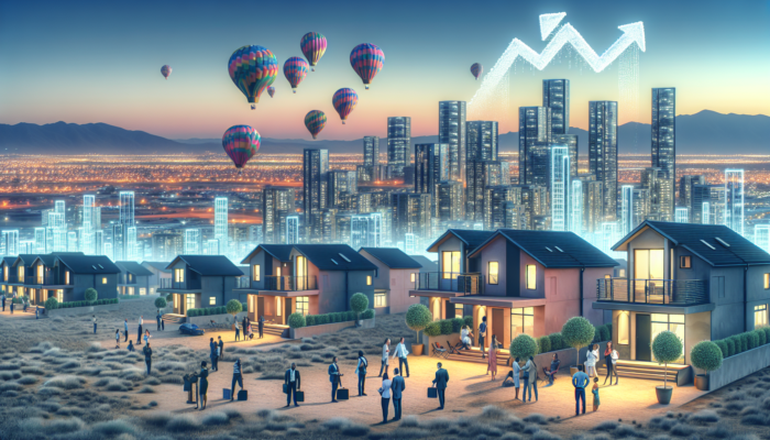 Witbank cityscape at dusk: diverse buyers viewing modern homes with rising graphs and job icons, contrasted by empty lots and worried faces.