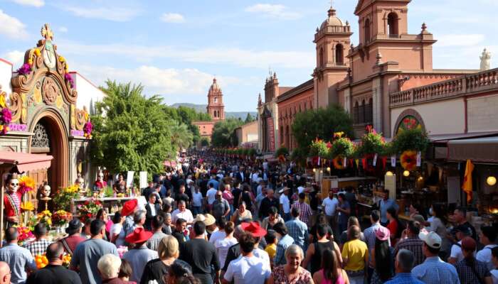 Vibrant festival scene in San Miguel de Allende featuring colourful Day of the Dead altars, lively processions with masks and costumes, and a bustling Feria with local artisans and food stalls, all set against historic colonial architecture.