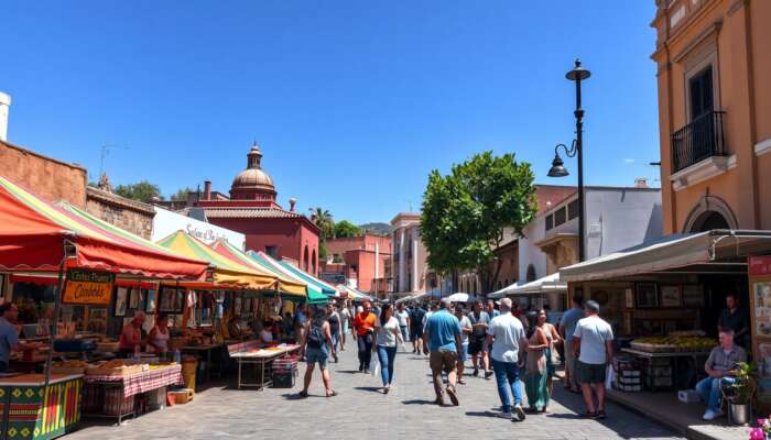 A lively food festival in San Miguel de Allende featuring colourful stalls, local cuisine being prepared, and art exhibitions, set against a backdrop of traditional architecture and a clear blue sky.