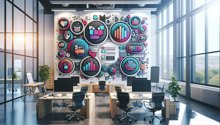 Digital illustration of customizable WordPress pricing packages in a modern UK office, featuring tiered charts, scalable designs, maintenance tools, and business growth icons.