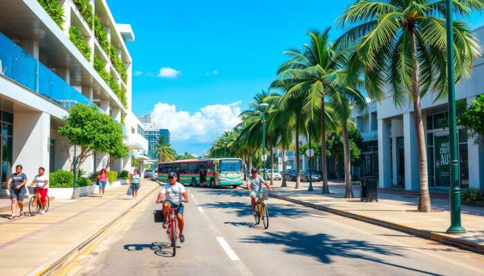 A lively street scene in Belmopan City featuring pedestrians on wide sidewalks, cyclists on rented bikes, and a local bus, surrounded by modern tropical architecture and lush greenery under a clear blue sky.