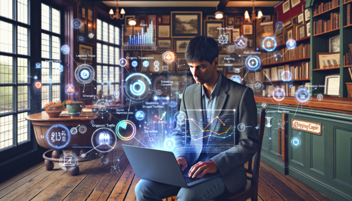 Focused entrepreneur in Chipping Campden shop analyzes SEO metrics on laptop, surrounded by holographic graphs of traffic and rankings.