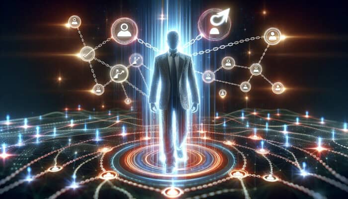 Leveraging Influencer Marketing for SEO: A vibrant digital scene: a charismatic influencer surrounded by glowing SEO icons, amplifying brand visibility and search rankings through rippling connections.