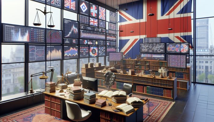 A financial regulator in a modern London office reviews debt management books and charts under the Union Jack, surrounded by justice scales and UK symbols.