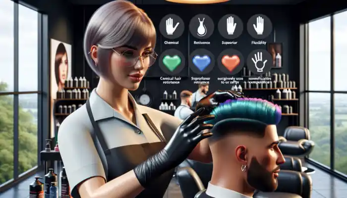 A beautician in a contemporary UK salon applies vibrant hair dyes while wearing robust black nitrile gloves, ensuring safety and comfort during the process.