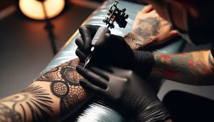A tattoo artist in a modern UK salon wears black nitrile gloves, skillfully handling sharp needles for an intricate arm design safely.