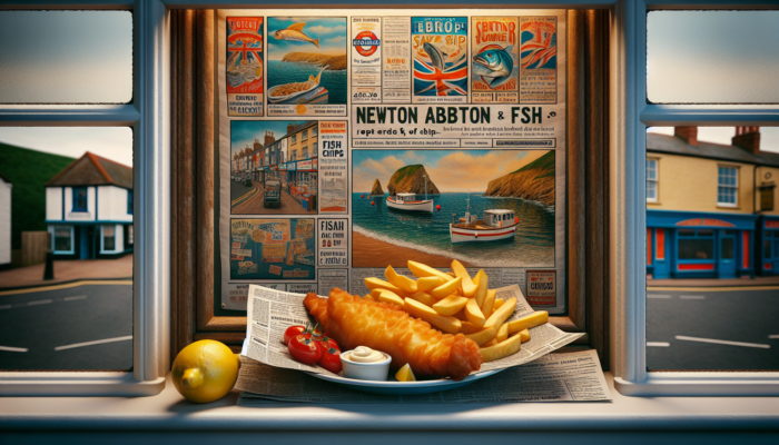 Steaming golden fish and chips on a newspaper-lined plate in a cosy Newton Abbot shop window, with seaside posters and fresh lemons.