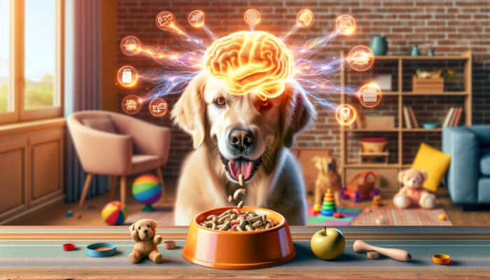 A curious golden retriever eating brain-boosting supplements, with glowing neural networks from its head, in a sunny home with toys.