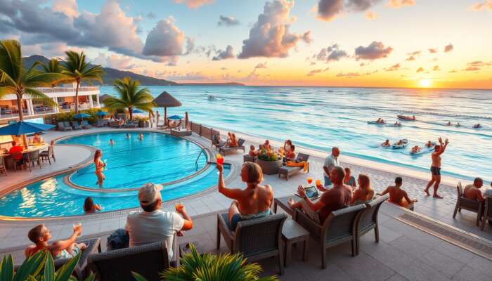 Vibrant all-inclusive resort scene: guests lounging by a turquoise pool, enjoying a buffet, water sports on the beach, and a sunset show.