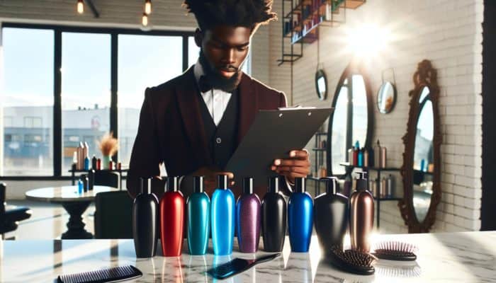 Stylish hairstylist in sunlit salon examines colorful hair gel bottles on counter, holding selection guidelines amid mirrors, combs, and labels for hold and shine.