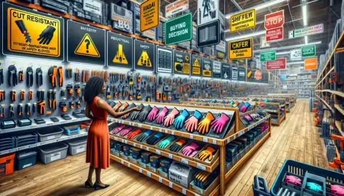 In a Warwick hardware store, a shopper examines cut-resistant safety gloves, comparing labels amid industrial tools and safety signs.