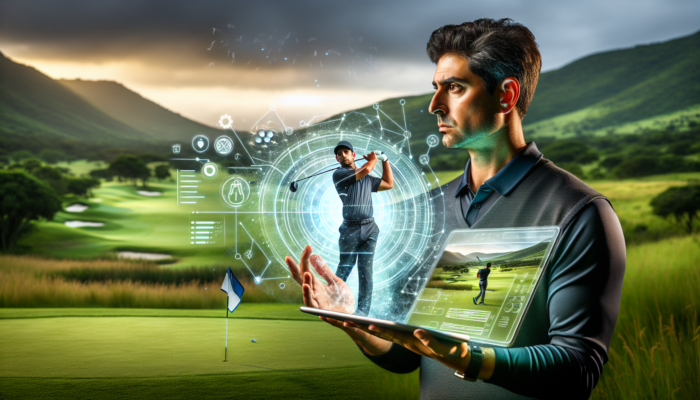 A golf coach in KwaZulu-Natal analyses a player's swing on a tablet while the golfer practises on a lush fairway.
