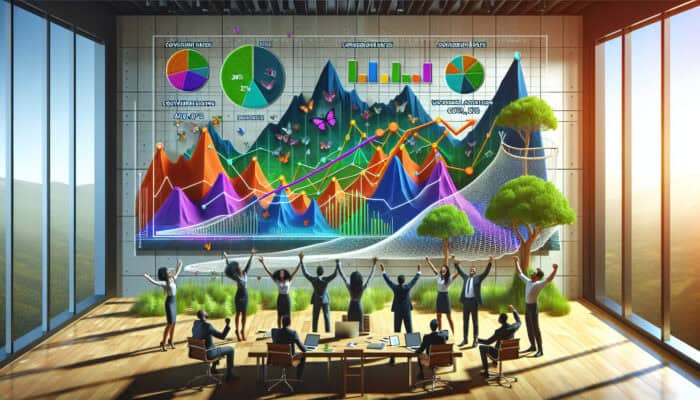 E-commerce analytics dashboard in a modern office, showing colorful graphs of rising conversion rates up 20%, customer acquisition costs, and revenue growth, with celebrating analysts.