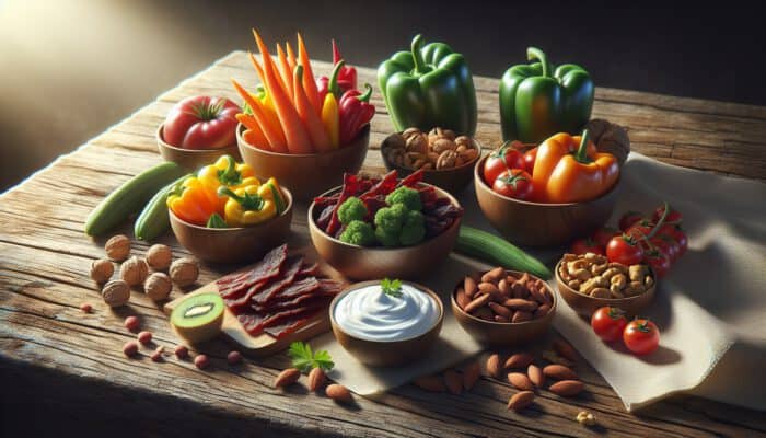 A rustic wooden table displays low-carb snacks: beef jerky, Greek yogurt, nuts, and colorful vegetables under soft light.