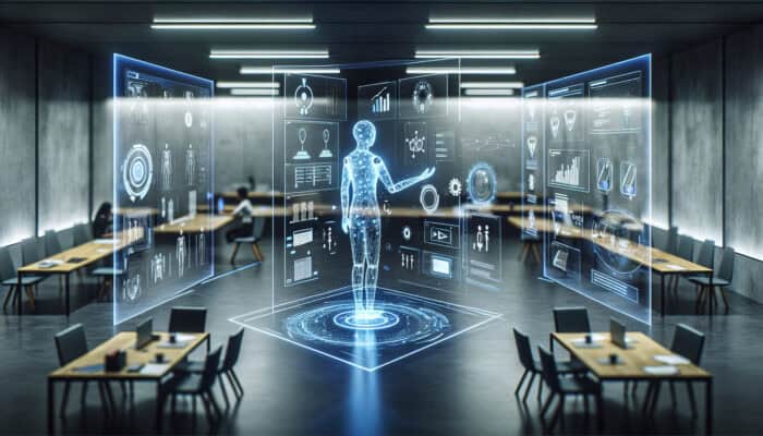 Futuristic holographic AI assistant in a high-tech training room with glowing screens displaying courses, resources, and progress graphs.