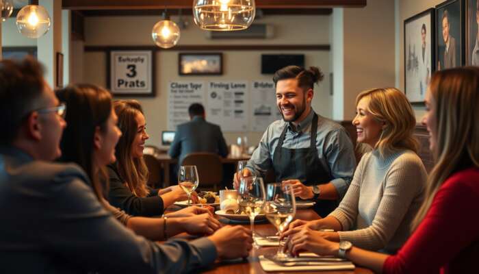 Waitstaff in a cozy restaurant warmly engaging smiling guests with personalised menu recommendations and a welcoming atmosphere.