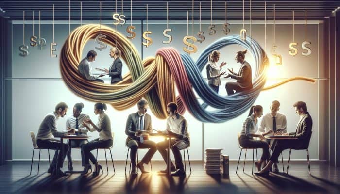 People in a modern credit union discuss debt consolidation; tangled ropes merge into a glowing thread symbolising financial freedom.