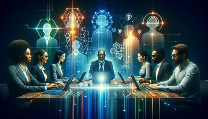 A diverse remote VA team collaborates in a virtual meeting using video calls, laptops, Slack, and Trello effectively.